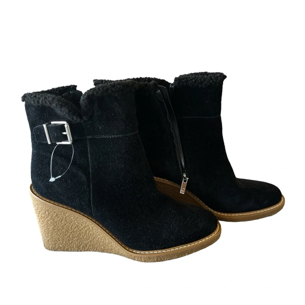 NEW Franco Sarto Women's Ulayna Suede Faux Fur Wedge Boots Black SZ-11